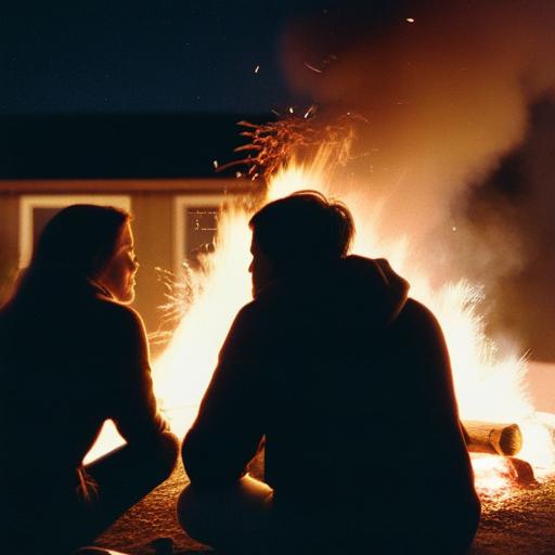 Two people by a fire at night