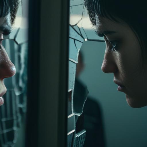 A person looking at their reflection in a cracked mirror