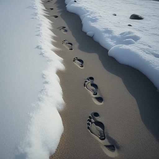 A pair of footprints on a quiet, empty beach or snow path