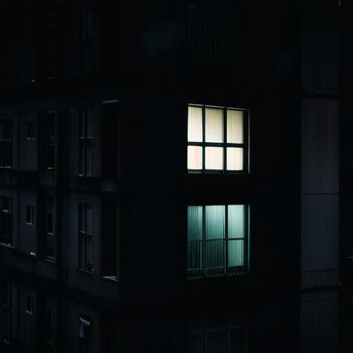 A single lit window in a massive dark apartment block