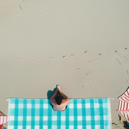 A person sitting alone on a beach towel, surrounded by happy crowds, looking down