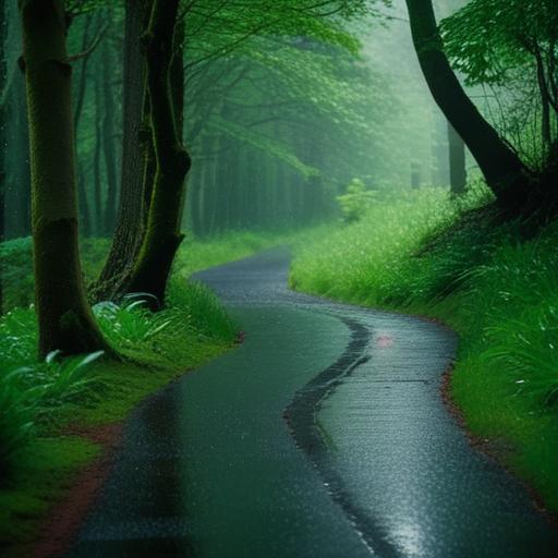 A lush, green, rainy forest path, feeling cool and relieving