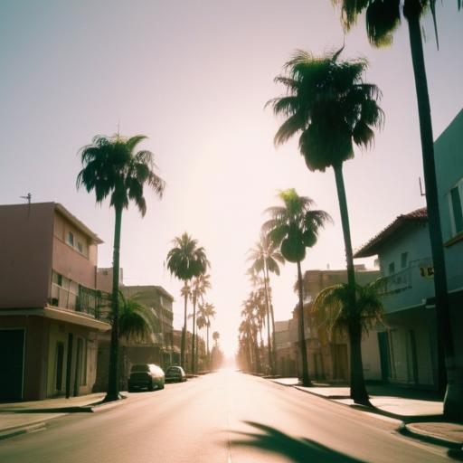 A bright, sunny street with palm trees, but the image is slightly tilted and unsettling