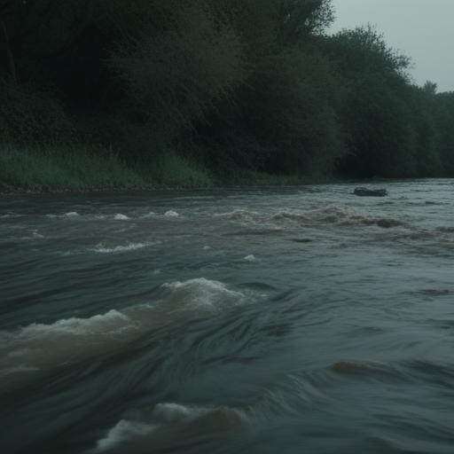 A slow, wide river flowing calmly, contrasted with the earlier chaos
