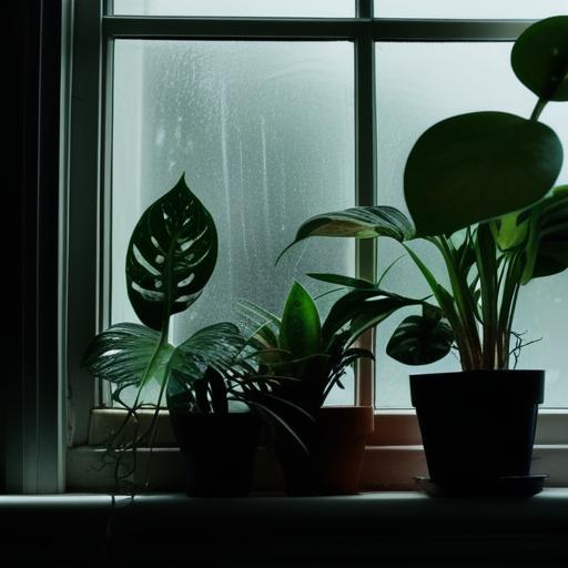 Houseplants leaning desperately towards a window with weak light