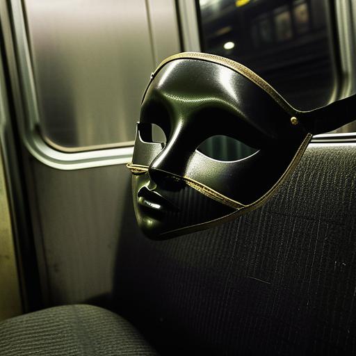 A masquerade mask left on a subway seat, discarded