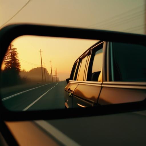 A view from inside a car driving away from a sleeping town at dawn