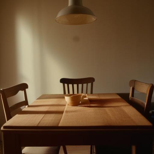 A family dinner table with one empty chair, warm light but melancholic