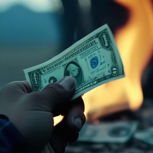 A hand holding a burning dollar bill, but the fire is cold/blue, cinematic, abstract
