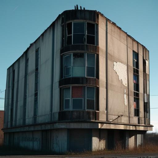 A trendy modern building that looks slightly decayed or abandoned, symbolizing the fading of 'cool'