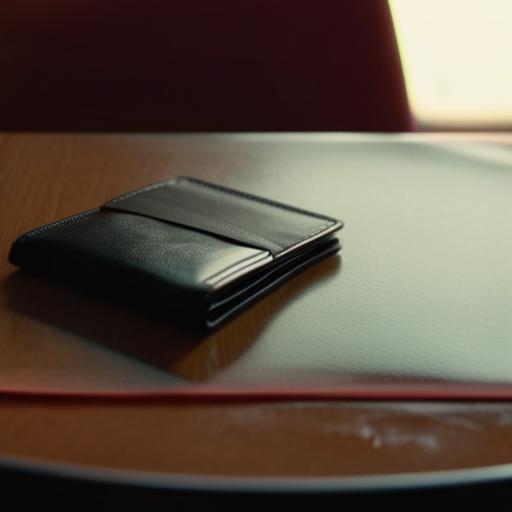 An open wallet on a restaurant table, empty, high contrast