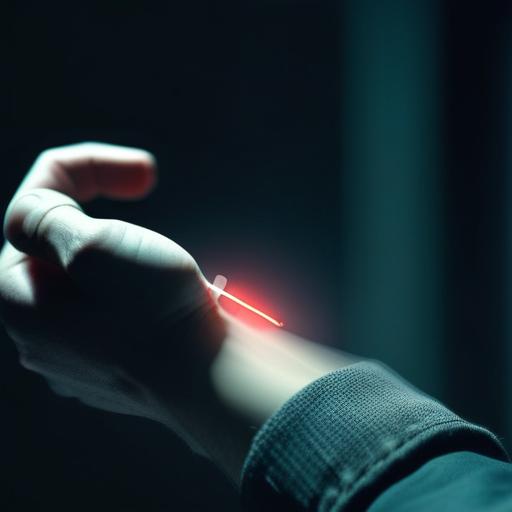 A blurred image of a person checking a pulse on their wrist, panic, cinematic, moody