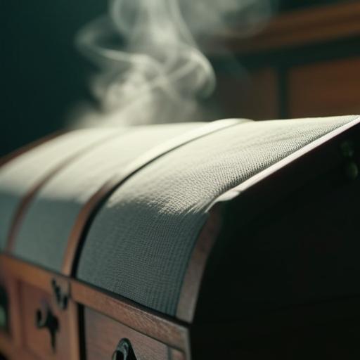 Close up of a chest taking a deep breath, fabric moving, light hitting dust motes