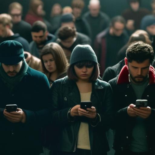A crowd of people dressed identically 'cool', looking at their phones, cinematic, irony
