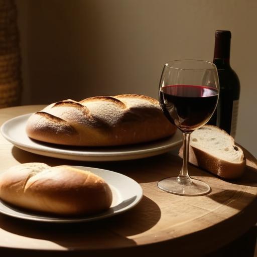 A simple dinner table with bread and wine, no phones, warm light, connection