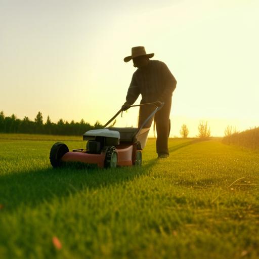 A person pushing a simple lawnmower or doing simple labor, golden hour light, dignity