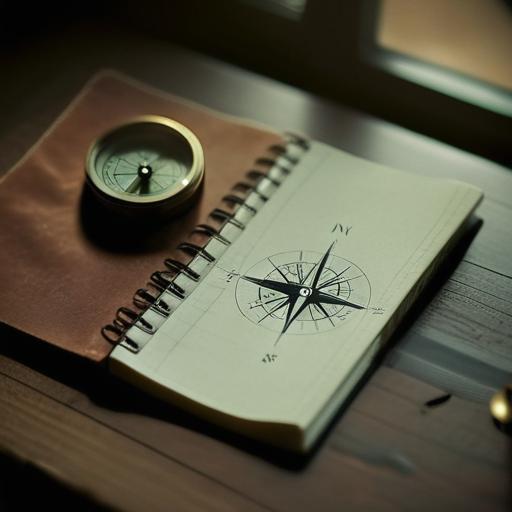 Compass and notebook on table