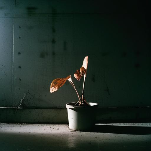 A wilting plant in dark concrete room