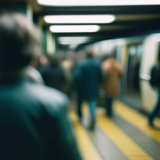 A person standing still in a rushing crowd