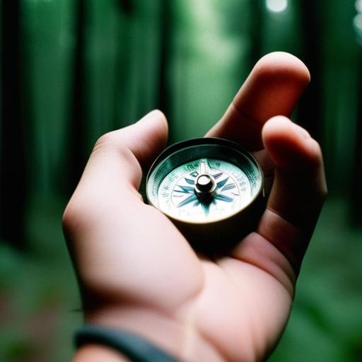 Hand holding compass against forest background